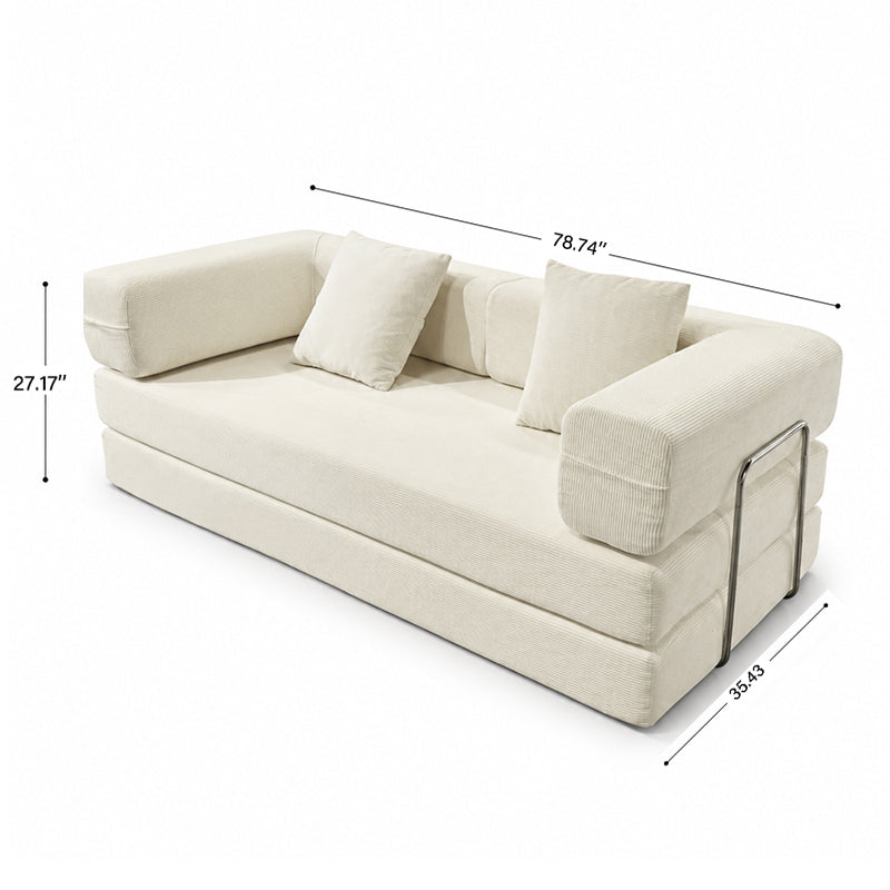 Double Sofa Bed HouseOfZazla cream fabric with plush cushions and chrome frame on Tampa Home & Garden Store