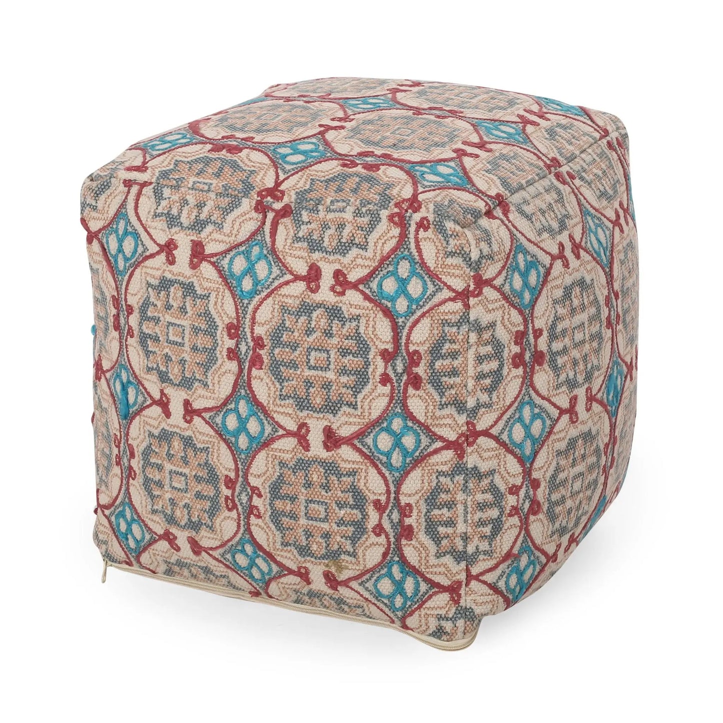 Amelia Handcrafted Fabric Pouf multicolored geometric pattern beige base with teal accents on Tampa Home & Garden Store