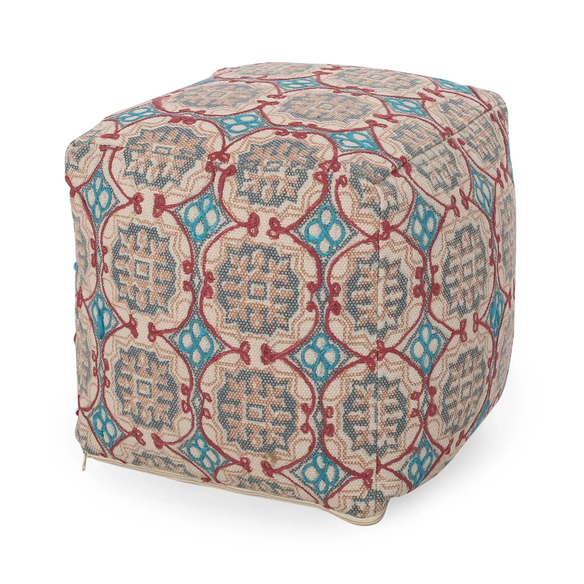 Amelia Handcrafted Fabric Pouf multicolored geometric pattern beige base with teal accents on Tampa Home & Garden Store