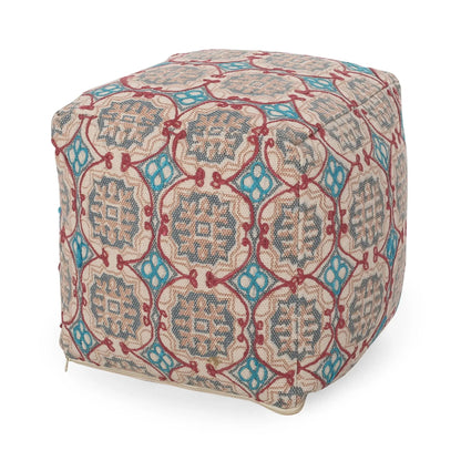 Amelia Handcrafted Fabric Pouf multicolored geometric pattern beige base with teal accents on Tampa Home & Garden Store