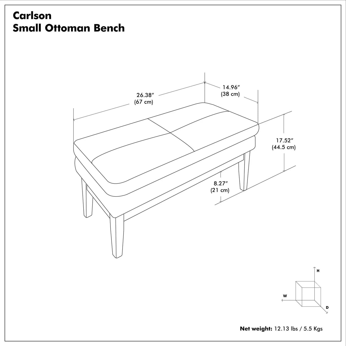 Carlson Small Ottoman Bench line drawing in mid-century design with labeled dimensions on Tampa Home & Garden Store