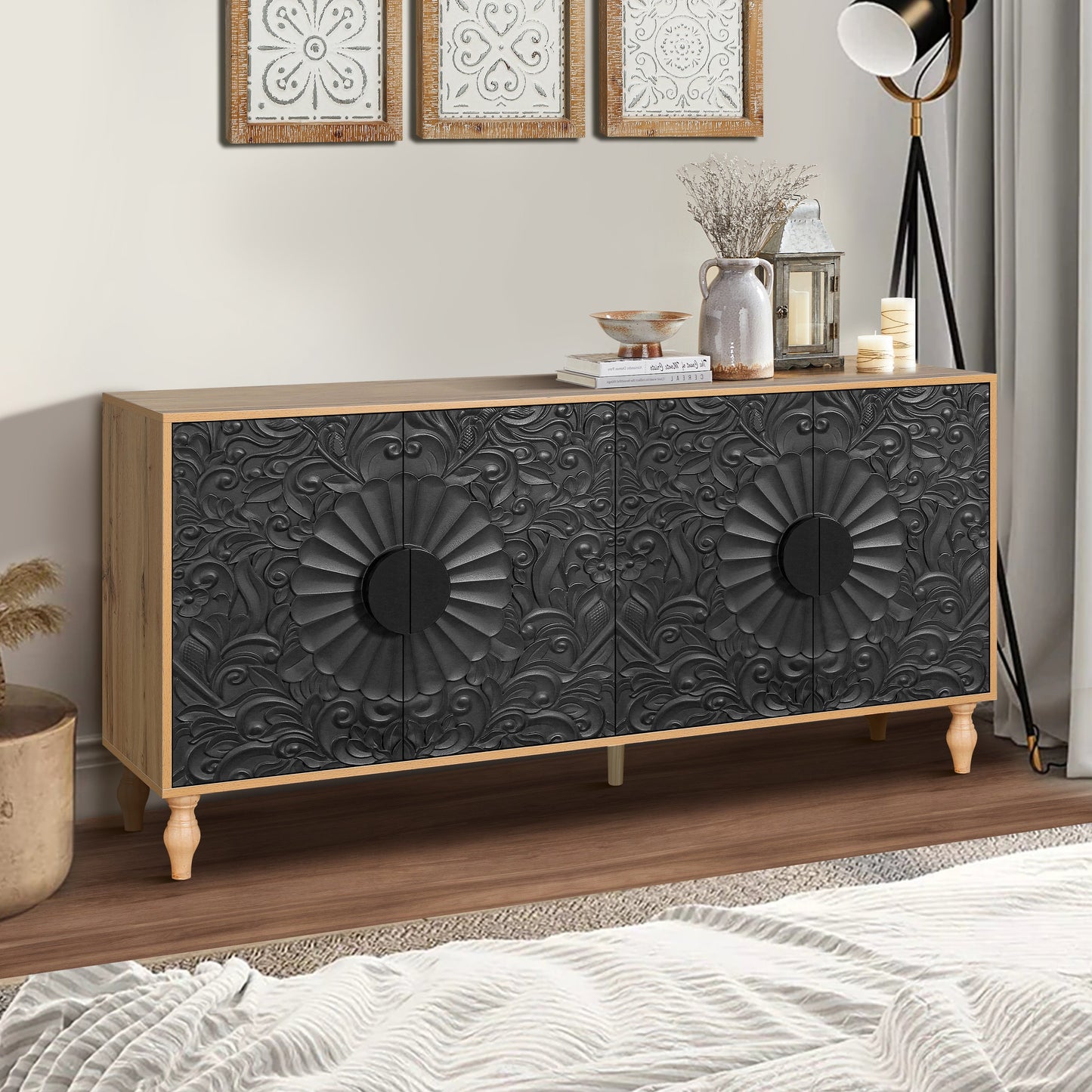 Black carved symmetrical design door TV stand with wood frame by HouseOfZazla on Tampa Home & Garden Store