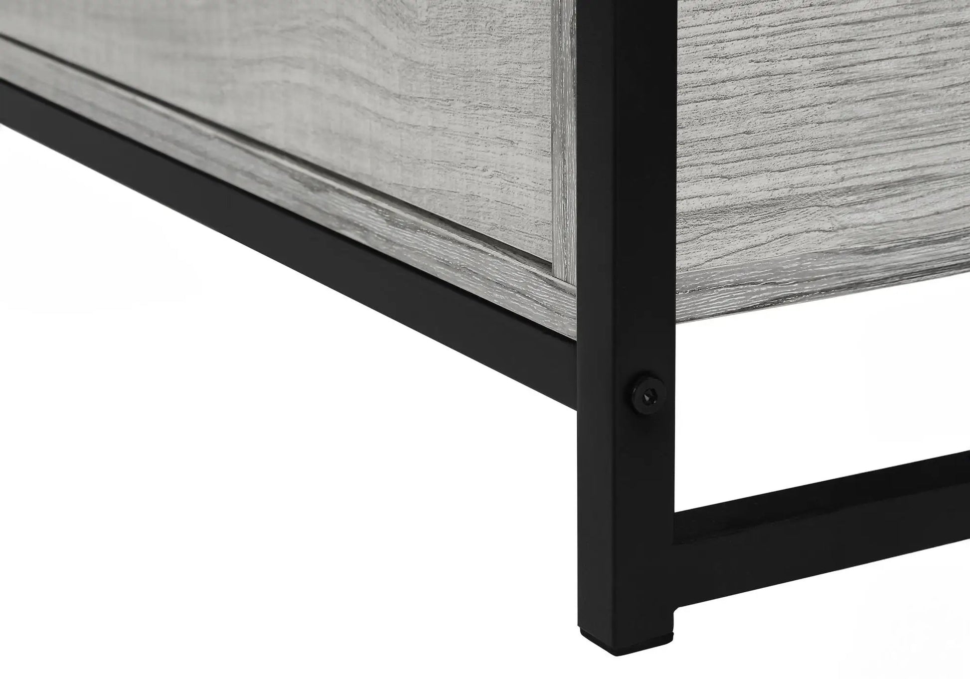 TV Stand with gray wood grain panels and black metal frame by Unique Piece Furniture on Tampa Home & Garden Store