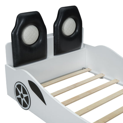 Race car shaped platform bed with LED, white frame and two black upholstered backrests on Tampa Home & Garden Store