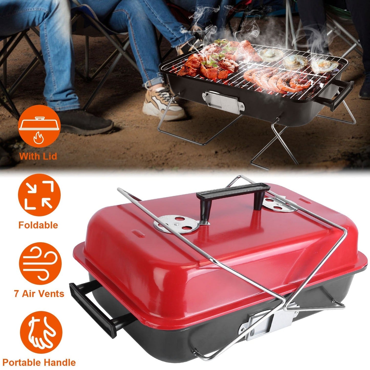 GemGear portable charcoal grill tabletop with lid, foldable legs for backyard camping on Tampa Home & Garden Store