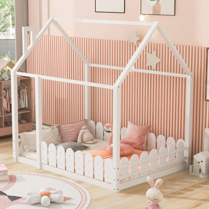 Full Size Wood Bed House Bed Frame with Fence for Kids (White)