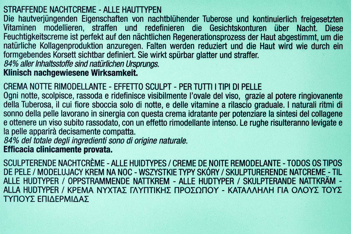 Night cream label on turquoise with German and Italian text and 84% natural ingredients on Tampa Home & Garden Store