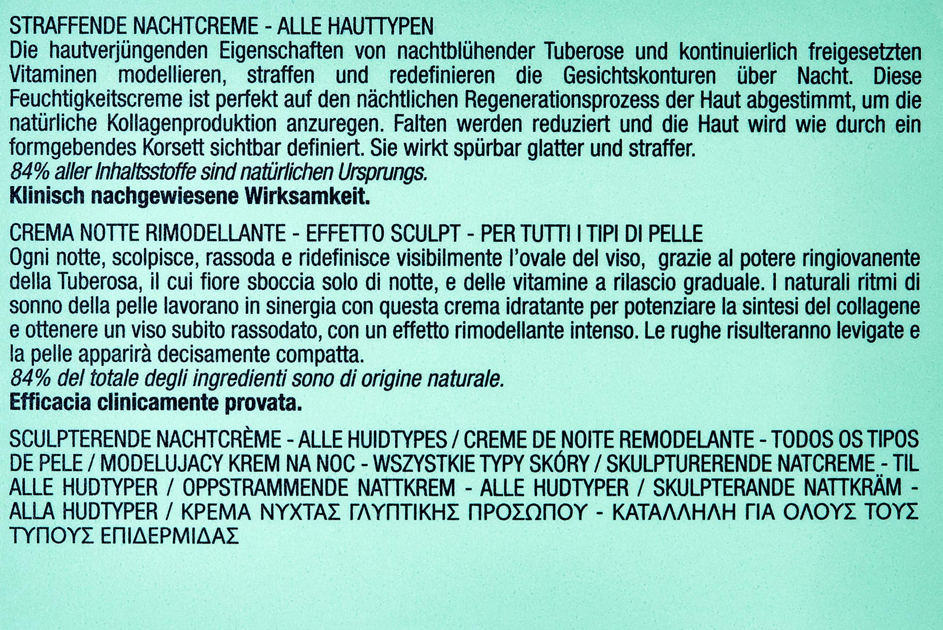 Night cream label on turquoise with German and Italian text and 84% natural ingredients on Tampa Home & Garden Store