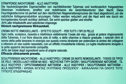 Night cream label on turquoise with German and Italian text and 84% natural ingredients on Tampa Home & Garden Store