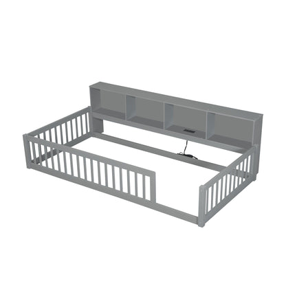 Twin long floor bed gray with storage cabinets and USB ports by HouseOfZazla on Tampa Home & Garden Store