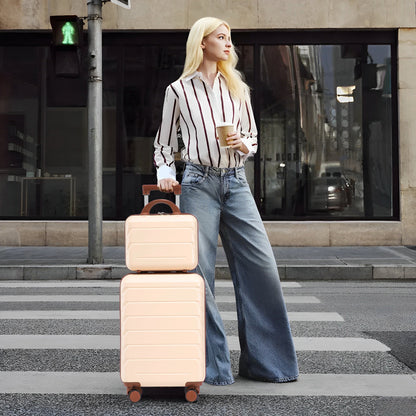 Two-piece beige ABS spinner-wheel luggage set with upright suitcases on Tampa Home & Garden Store