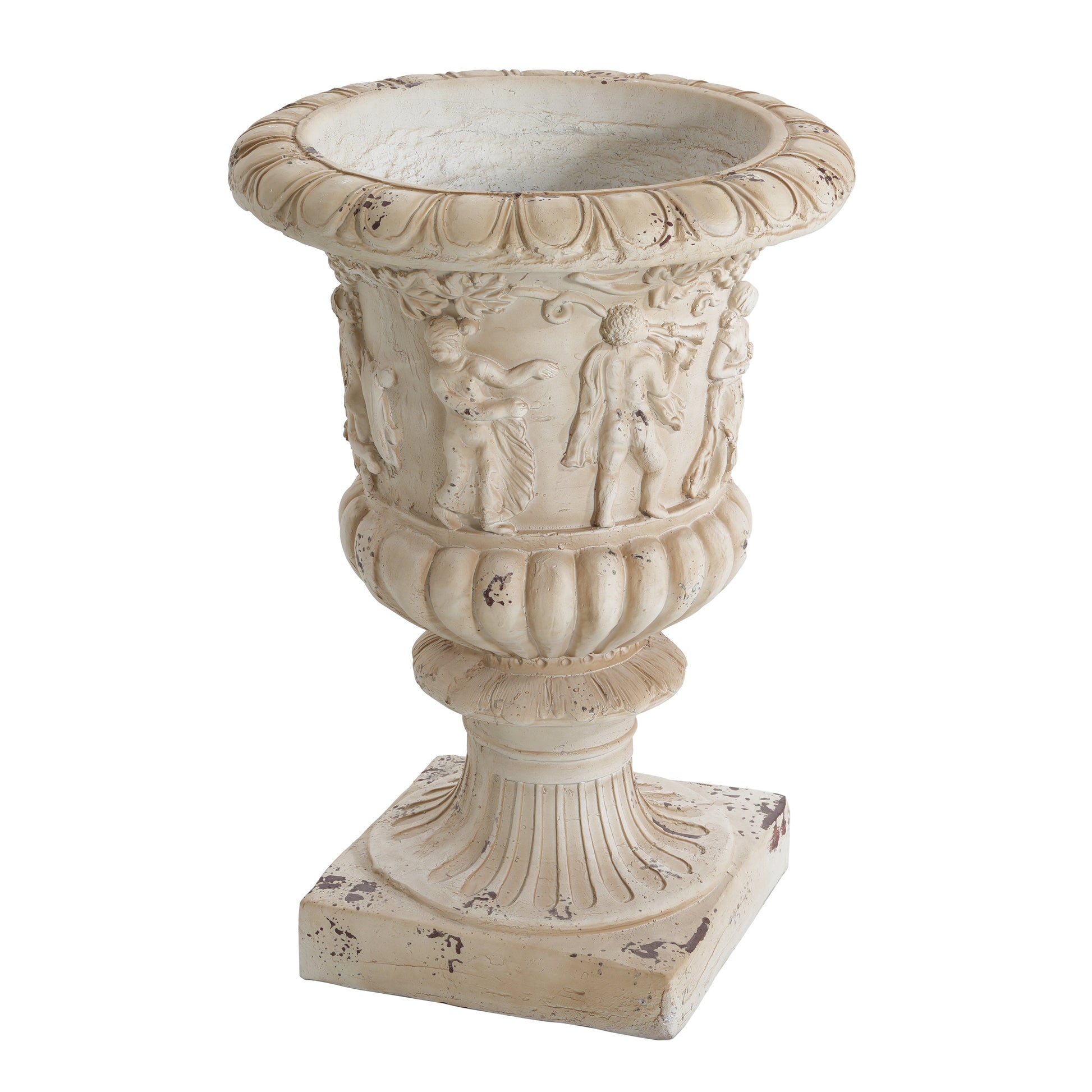 Garden Urn Antique White 27in H distressed finish with sculpted relief figures and ornate rim on Tampa Home & Garden Store