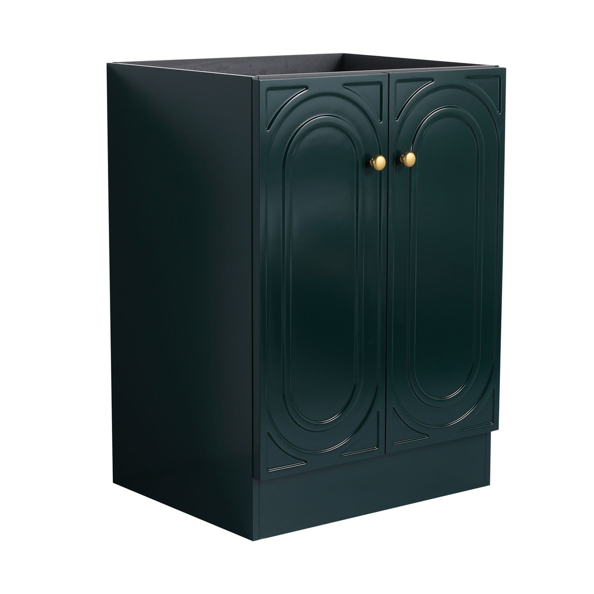 Freestanding bathroom vanity with soft close, dark green doors, gold knobs, HouseOfZazla on Tampa Home & Garden Store