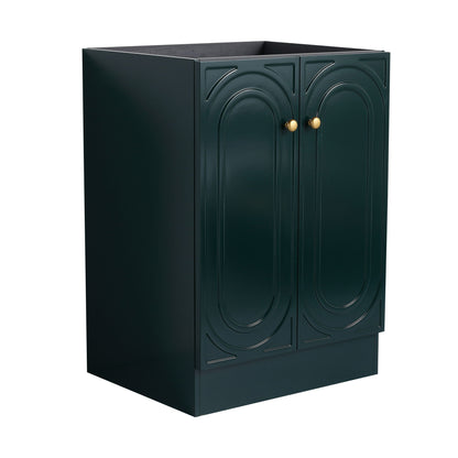 Freestanding bathroom vanity with soft close, dark green doors, gold knobs, HouseOfZazla on Tampa Home & Garden Store