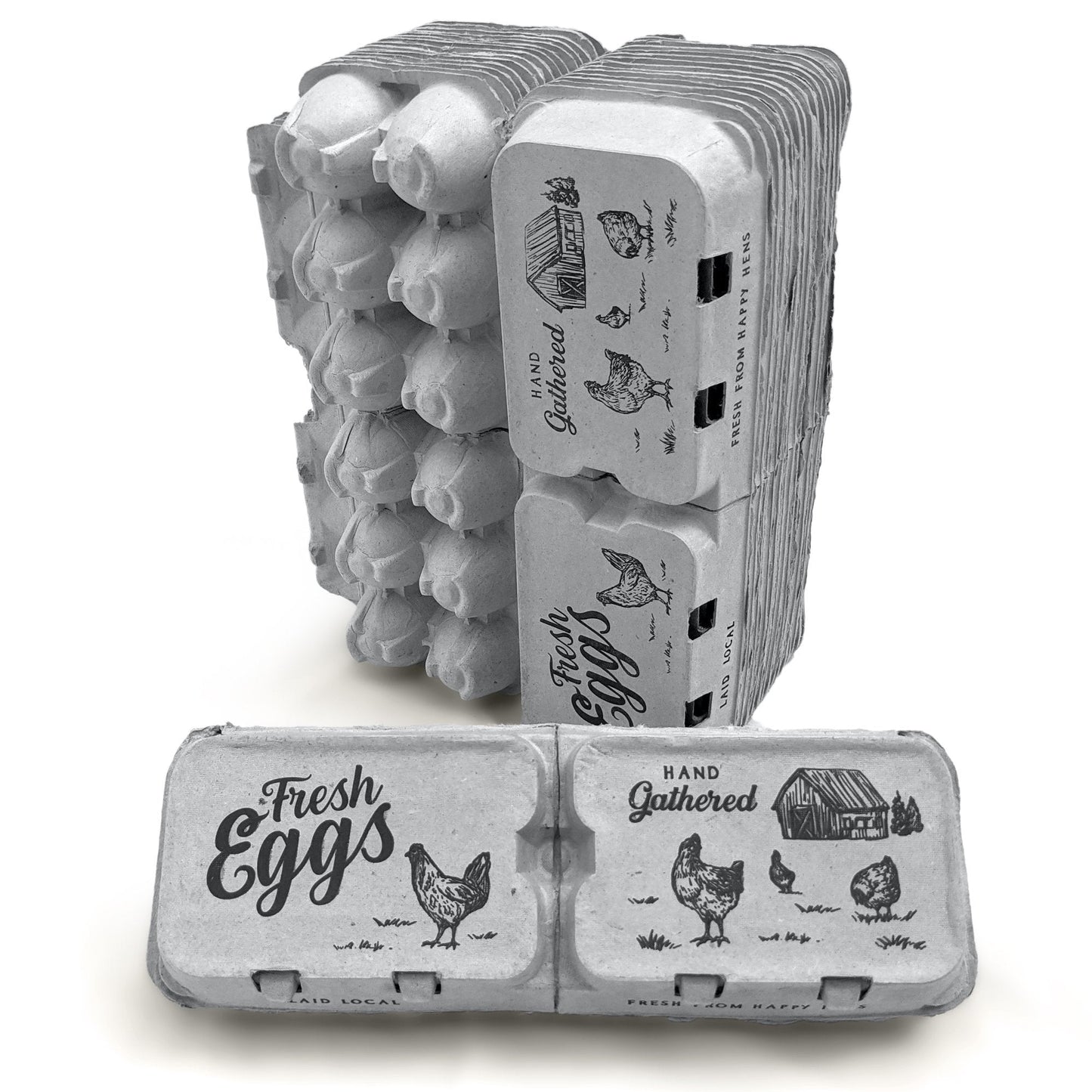 Split-apart egg cartons holding 6 or 12 extra-large eggs, kraft paper with farm illustrations on Tampa Home & Garden Store
