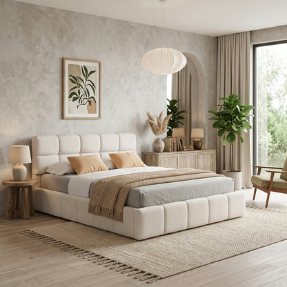 Elegant Chenille Upholstered Bed with Checkerboard Headboard Beige, beige fabric on Tampa Home & Garden Store