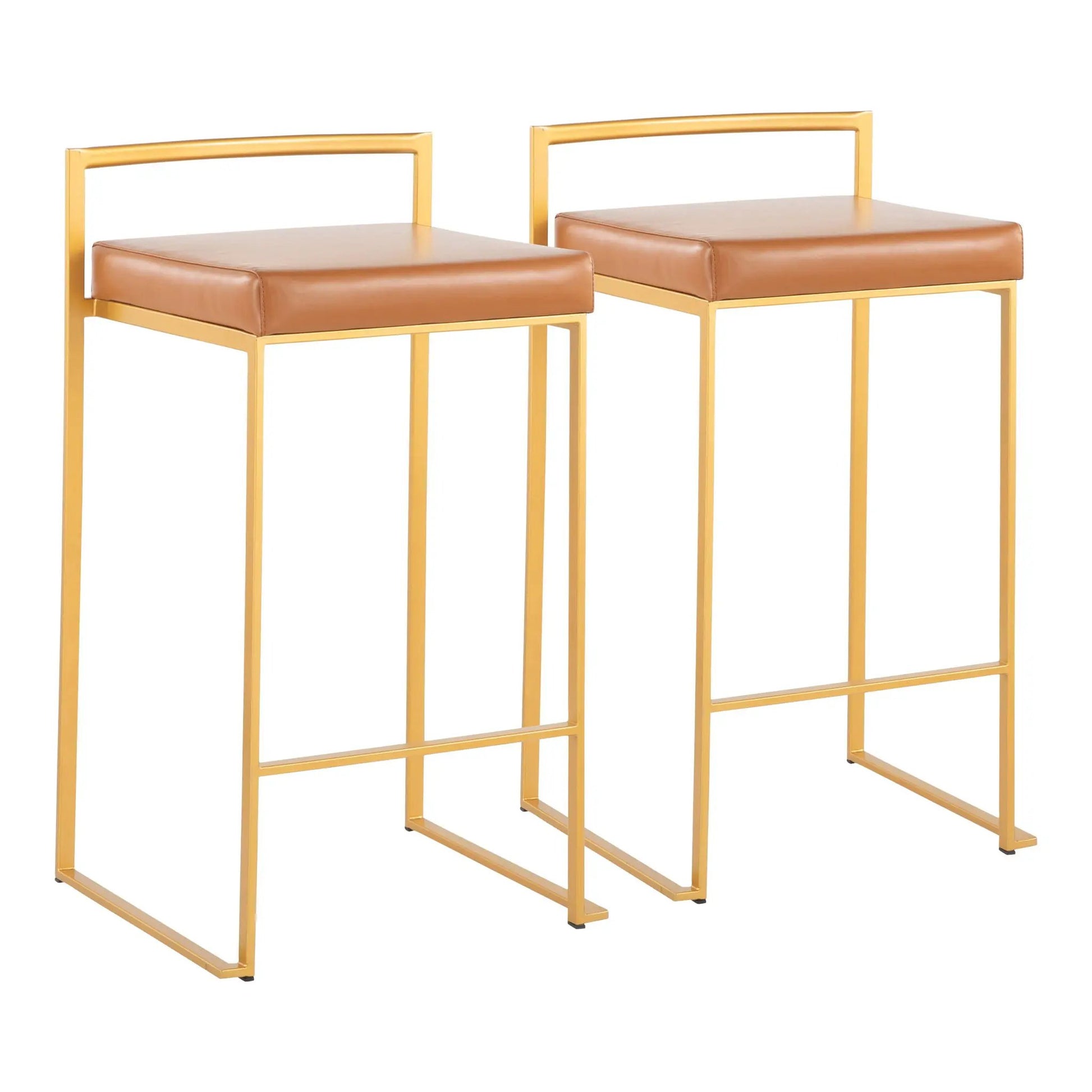 Fuji Contemporary Glam Counter Stool Set of 2 with gold frame and tan cushions on Tampa Home & Garden Store