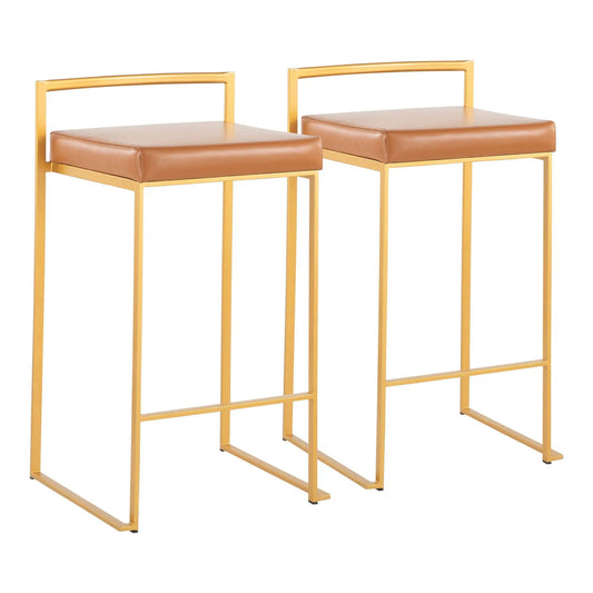 Fuji Contemporary Glam Counter Stool Set of 2 with gold frame and tan cushions on Tampa Home & Garden Store
