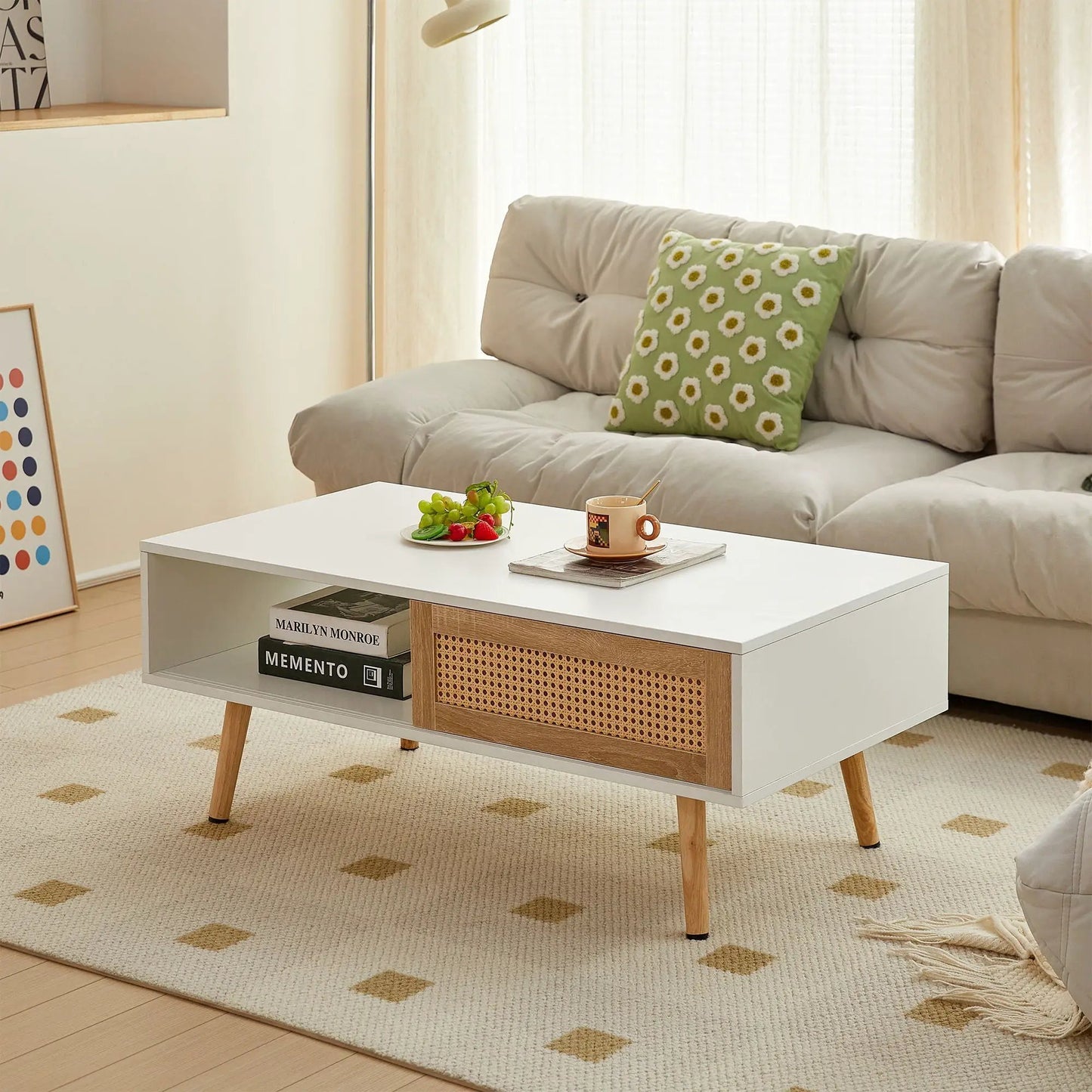 41.34in rattan coffee table with sliding doors and wood legs in modern living space on Tampa Home & Garden Store