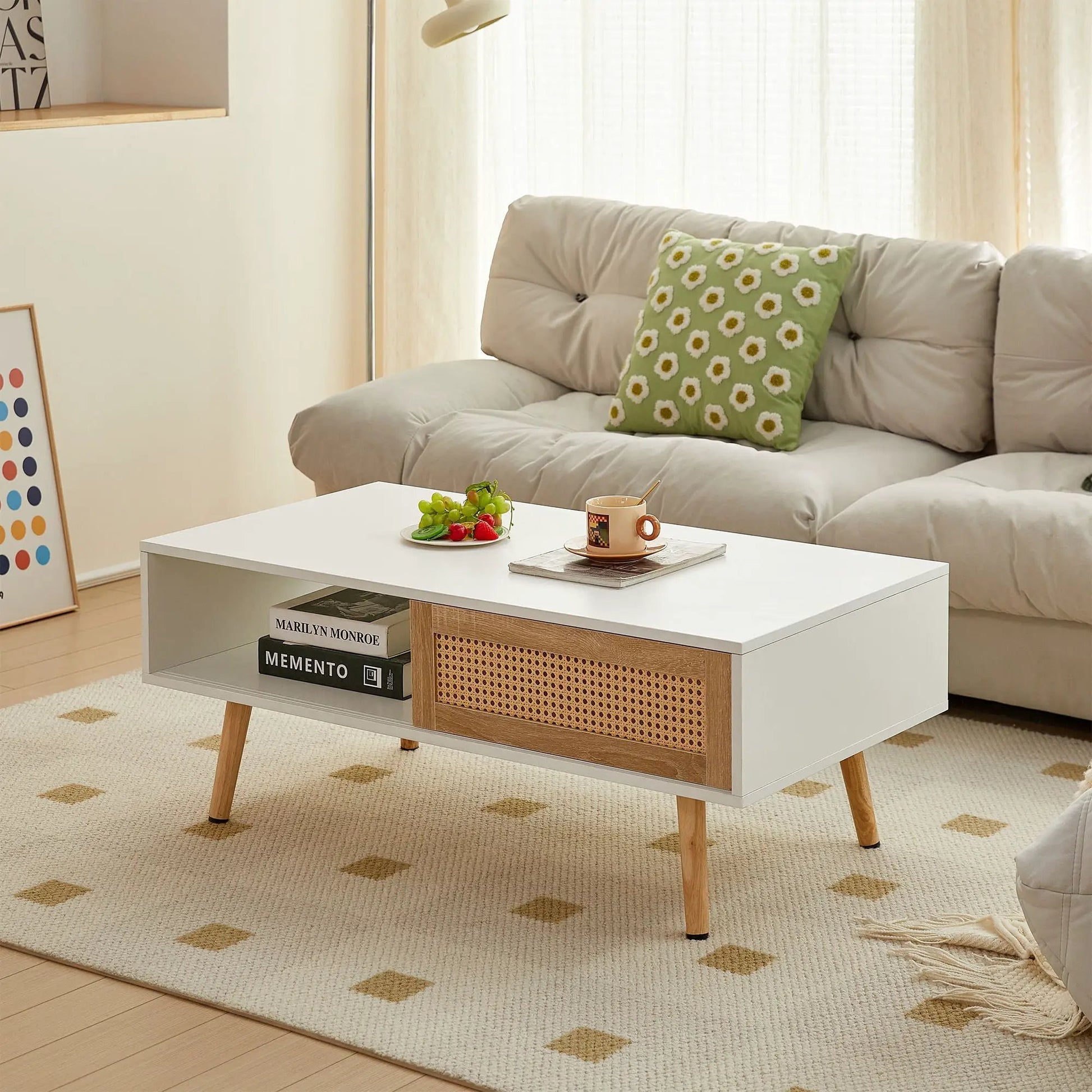 41.34in rattan coffee table with sliding doors and wood legs in modern living space on Tampa Home & Garden Store