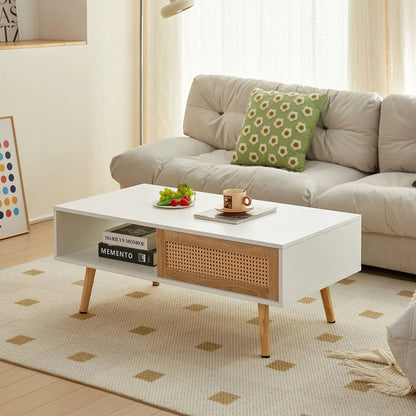 41.34in rattan coffee table with sliding doors and wood legs in modern living space on Tampa Home & Garden Store