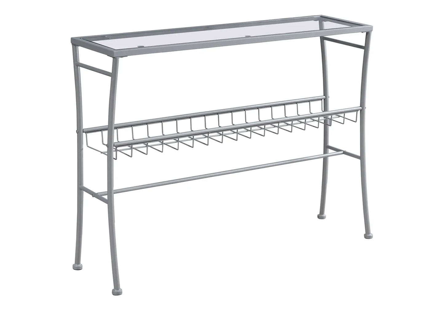 Accent console table with glass top and silver metal frame, lower wire rack for entryway on Tampa Home & Garden Store