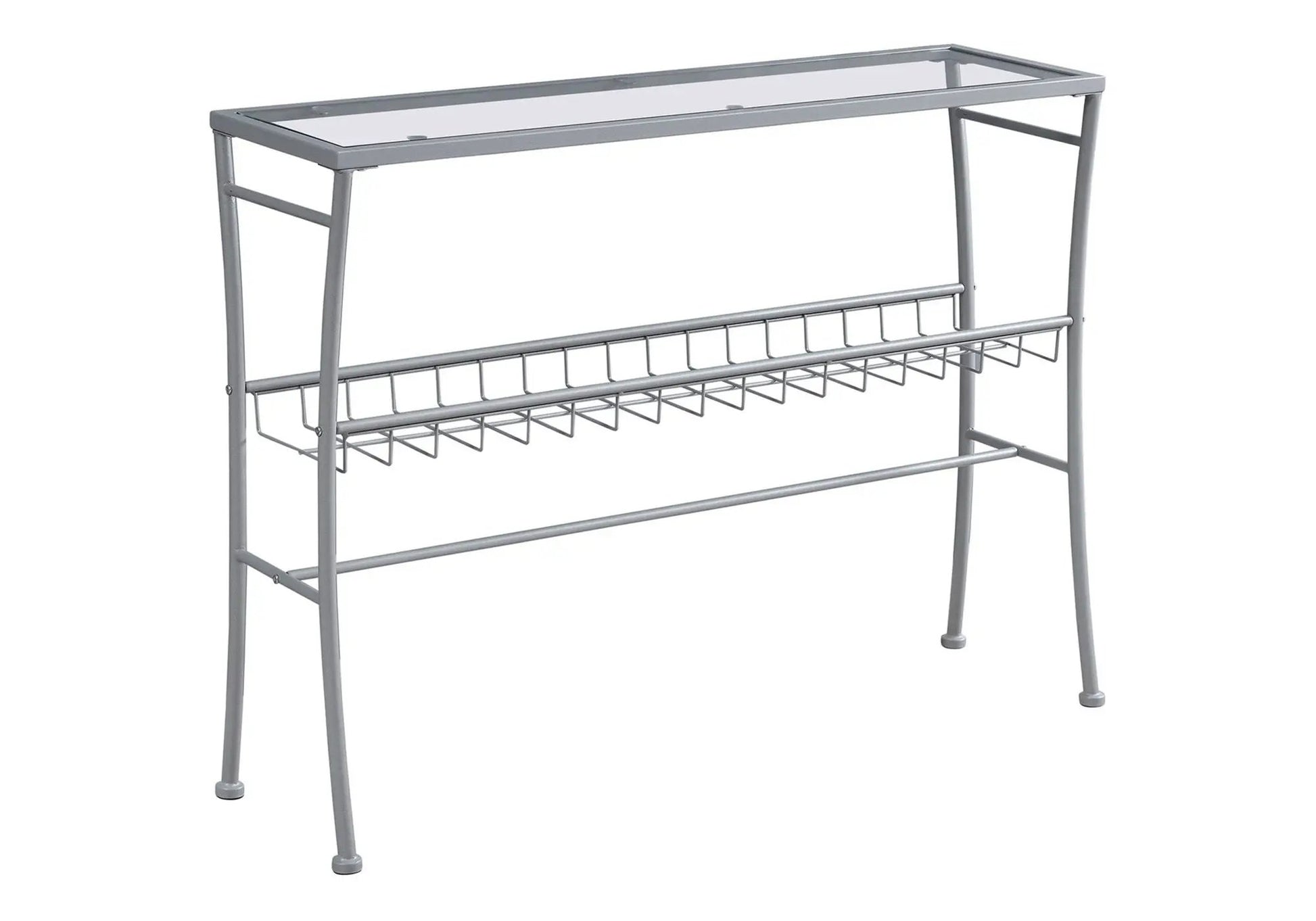 Accent console table with glass top and silver metal frame, lower wire rack for entryway on Tampa Home & Garden Store