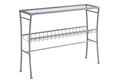 Accent console table with glass top and silver metal frame, lower wire rack for entryway on Tampa Home & Garden Store