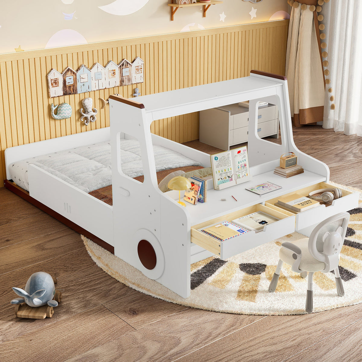 Twin size car-shaped floor bed with storage drawers, white frame pine accents by HouseOfZazla on Tampa Home & Garden Store