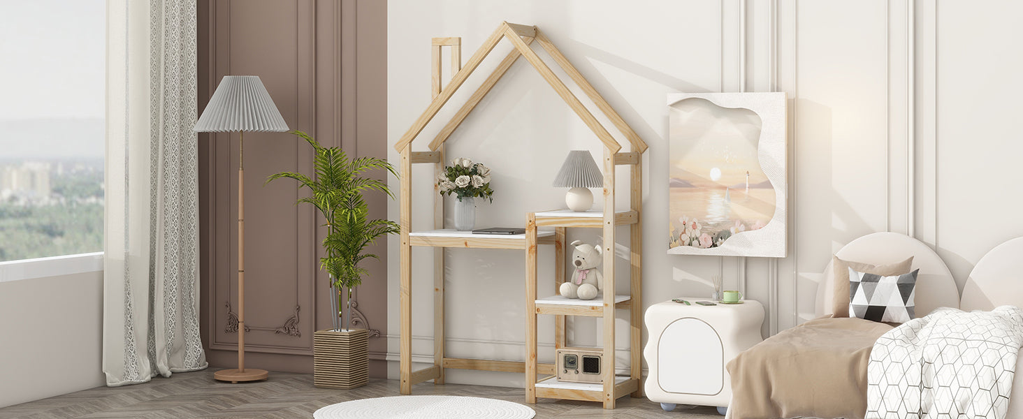 House-shaped Wooden writing Desk Kids study Table Bookshelf & Toy Storage Natural - Tampa Home & Garden Store