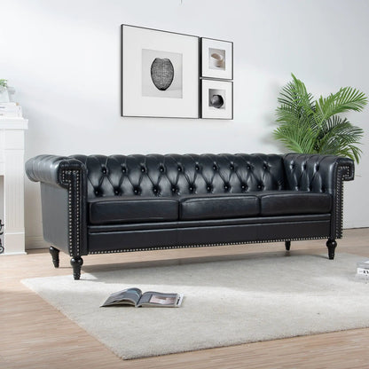 Traditional square-arm removable-cushion 3-seater sofa in black leather with tufted cushions on Tampa Home & Garden Store