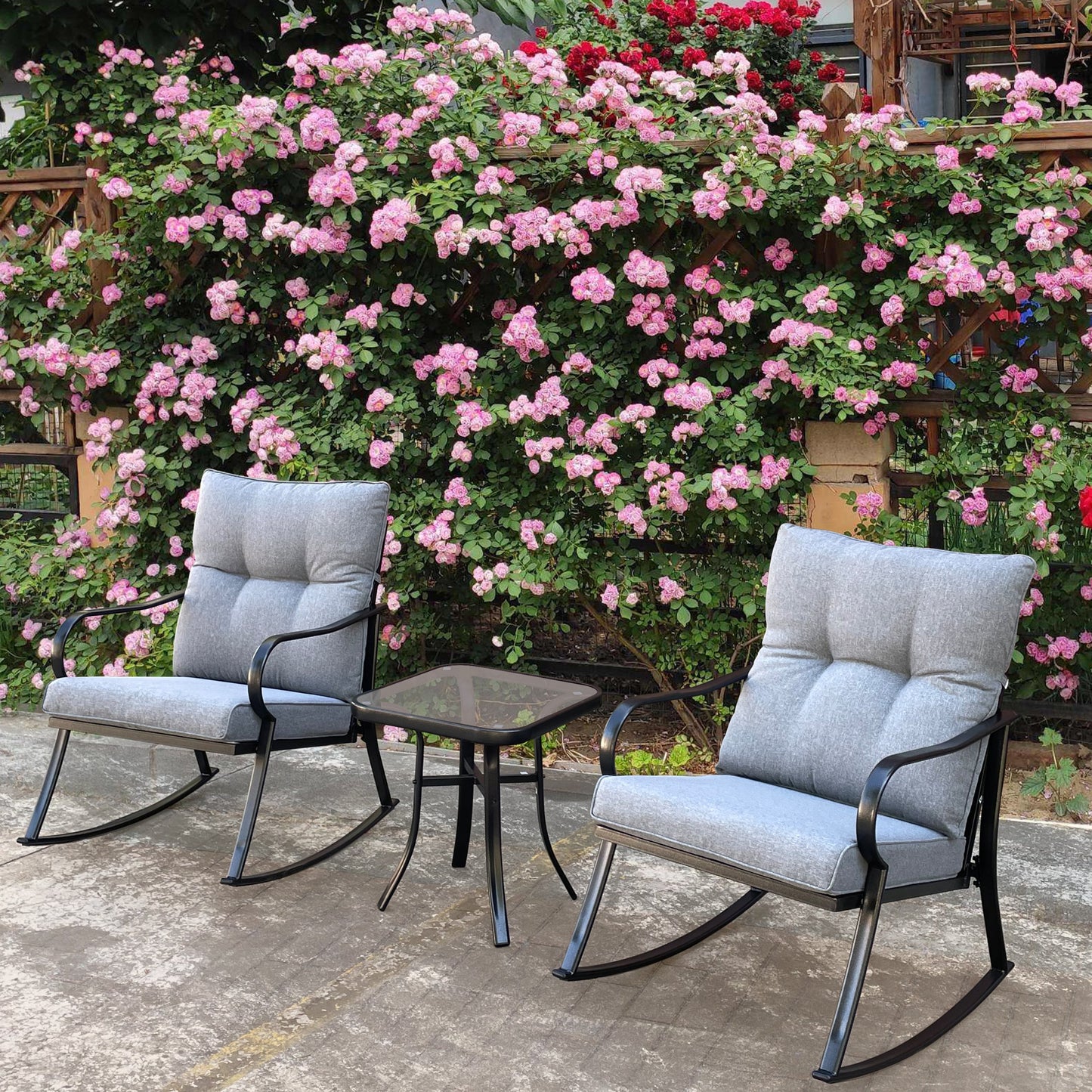Rocker set with teapoy in medium grey, two rocking chairs with glass table by HouseOfZazla on Tampa Home & Garden Store