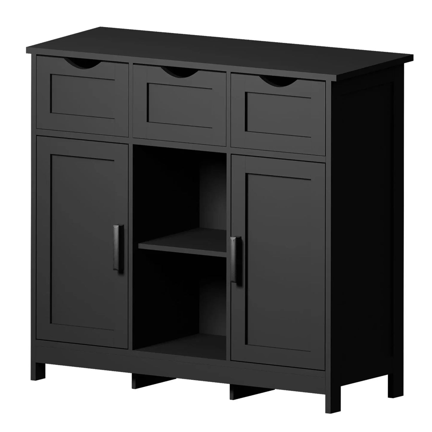 Storage cabinet sideboard with 3 drawers, open center shelf, and 2 lower doors in gray on Tampa Home & Garden Store