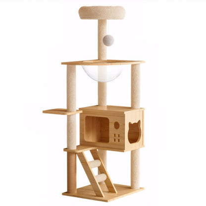 Modern Cat Tower in natural wood with sisal posts, top perch, hanging ball and cat house on Tampa Home & Garden Store