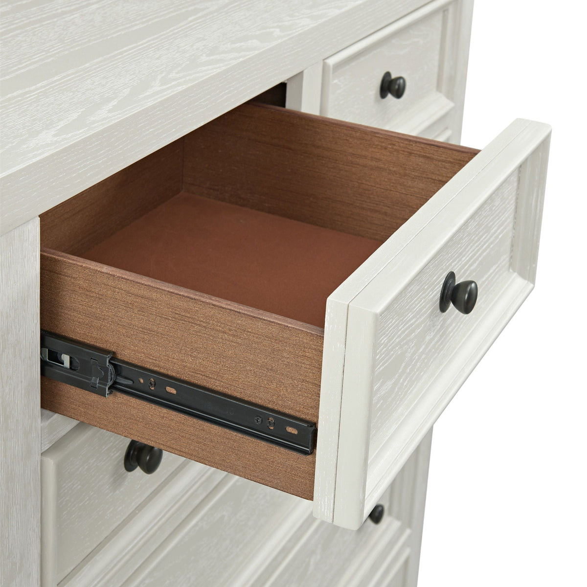 6 Drawer Chest with Smooth Slides in white finish with top drawer, brown interior, black knobs on Tampa Home & Garden Store