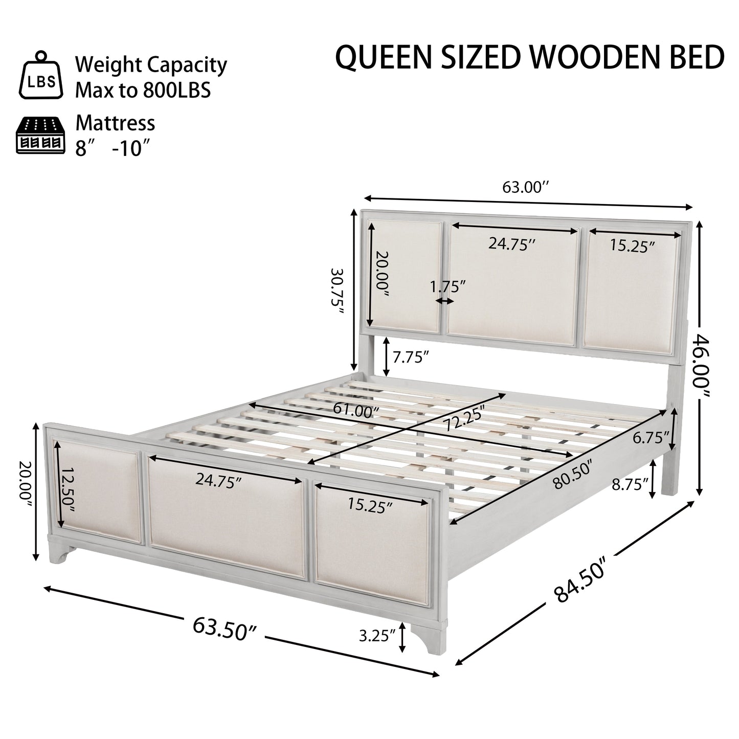 Queen Wooden Bed Frame with Upholstered Headboard