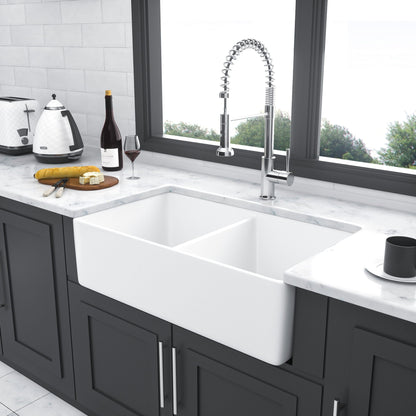 Double bowl apron-front sink 32in white with chrome faucet on Tampa Home & Garden Store