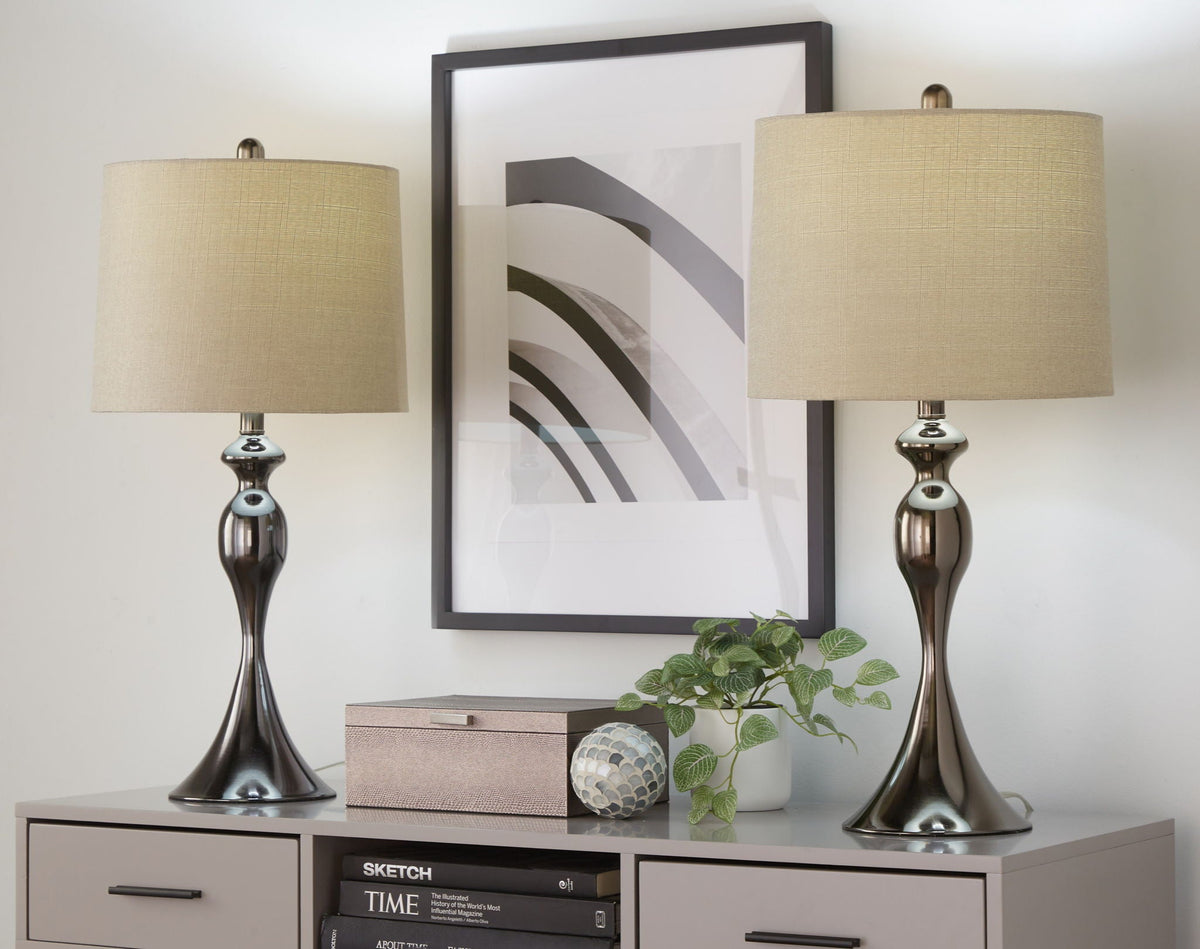 Ashland Contemporary Table Lamp set of 2 with beige fabric shades and metallic curvy bases on Tampa Home & Garden Store