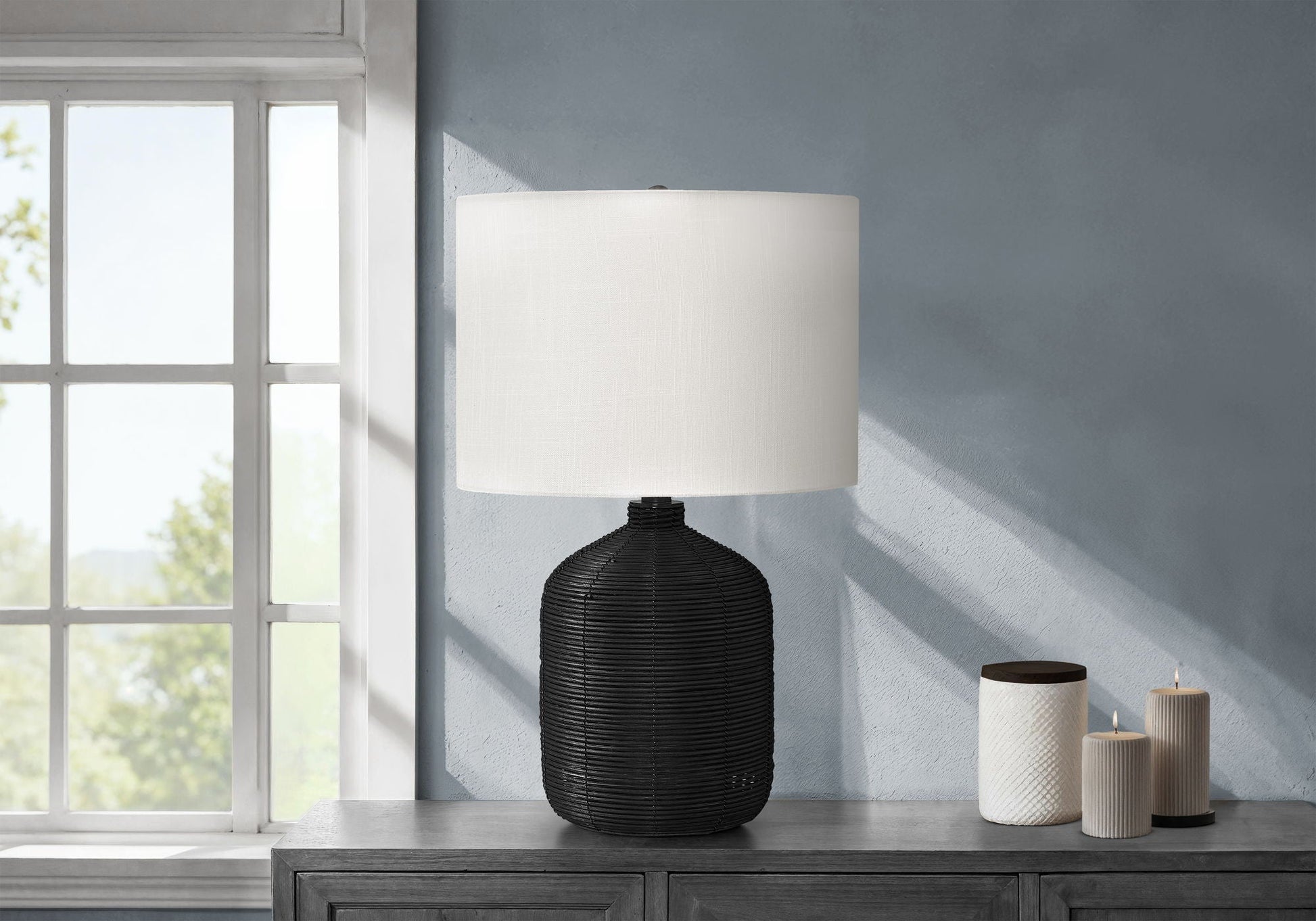 Modern black rattan table lamp with white fabric shade by HouseOfZazla on Tampa Home & Garden Store