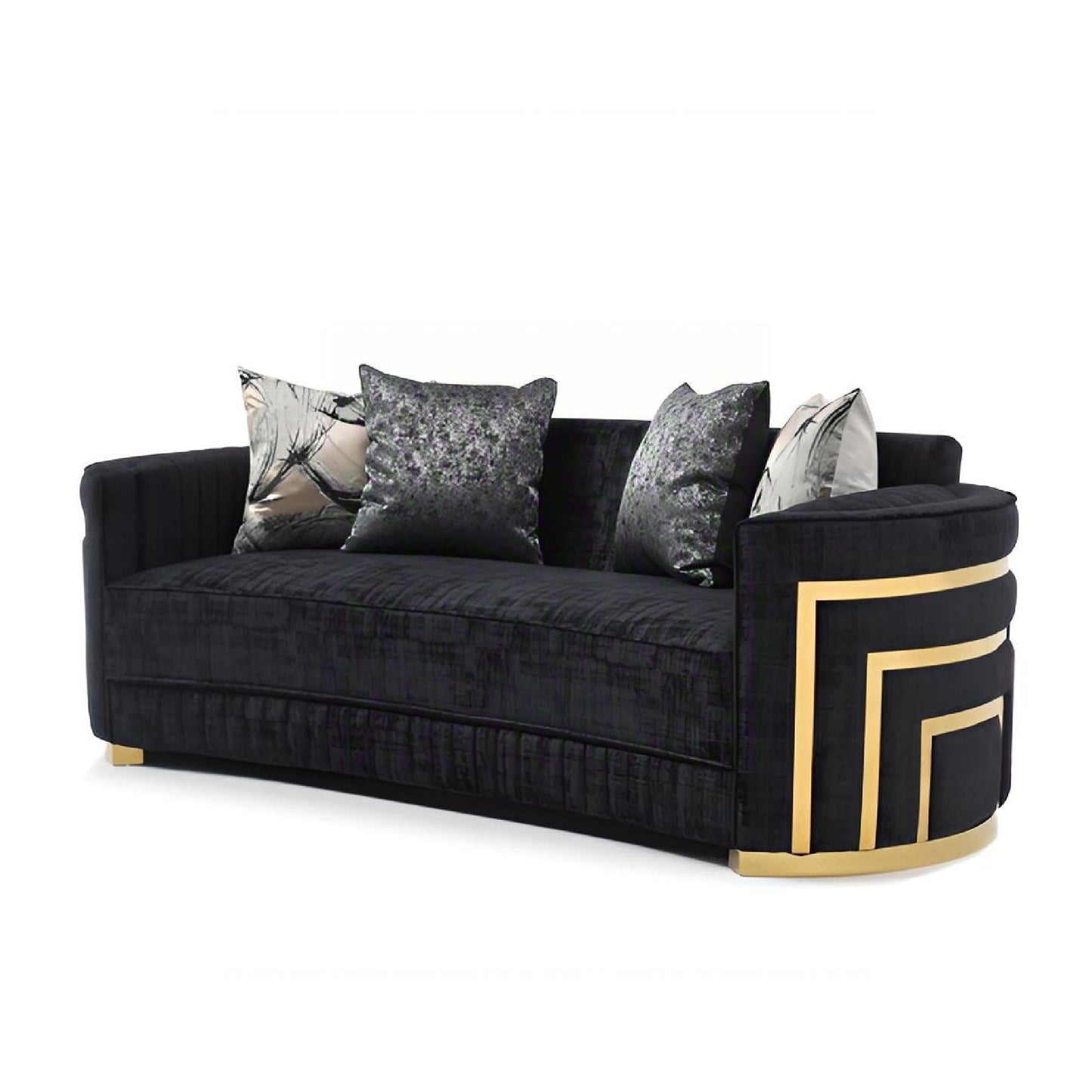 Soledad sofa with black velvet upholstery, gold geometric base and decorative cushions on Tampa Home & Garden Store