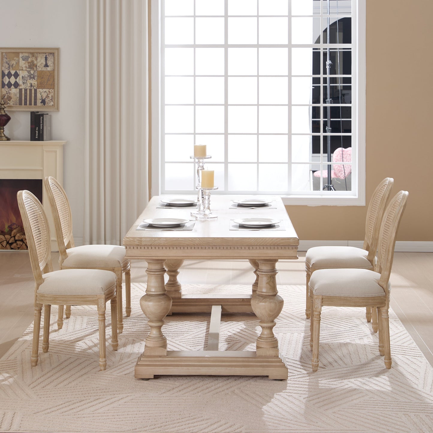 French Country dining chairs with beige upholstered seats and rattan backs around a wooden table on Tampa Home & Garden Store