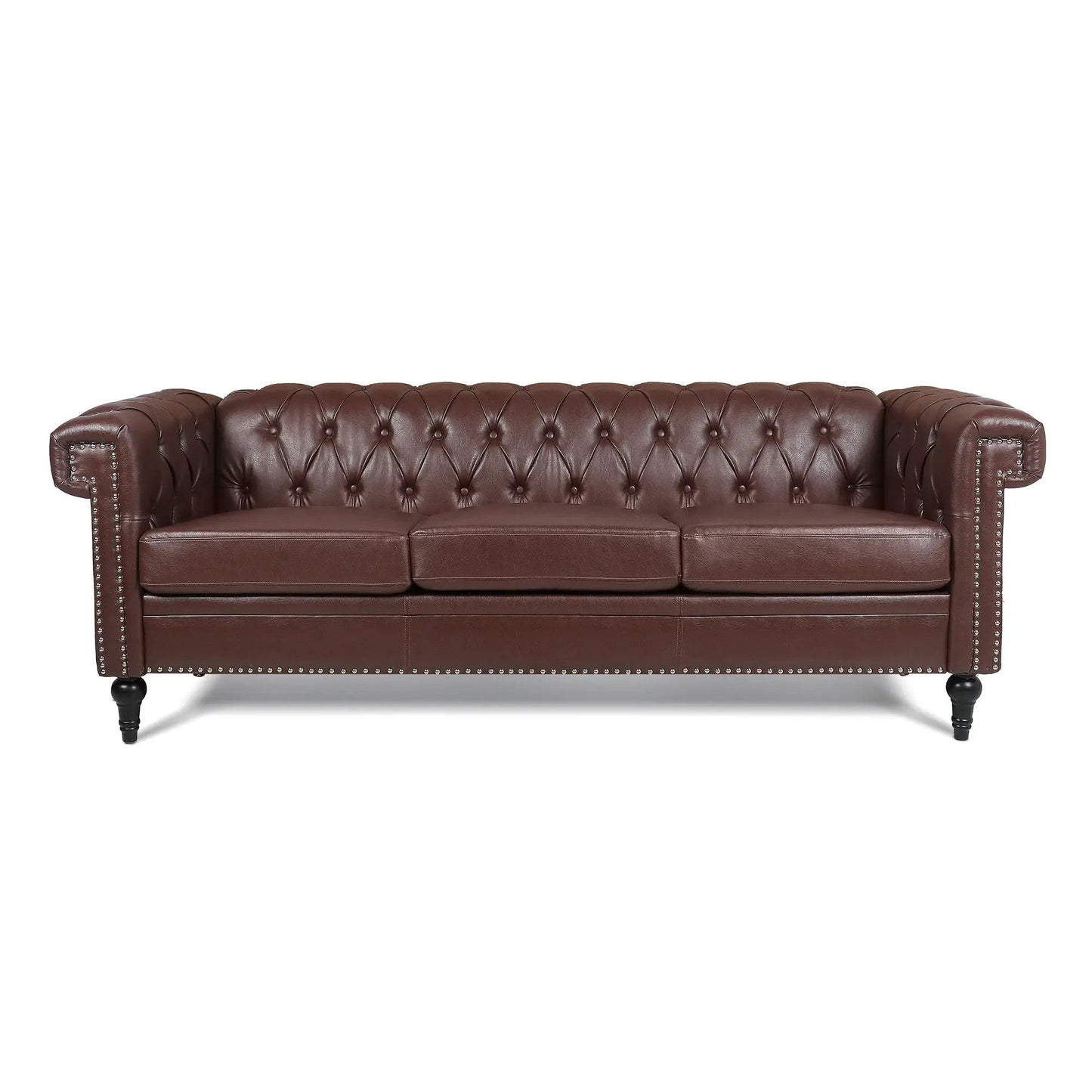 Traditional Square Arm Removable Cushion 3 Seater Sofa in brown leather with tufted back on Tampa Home & Garden Store