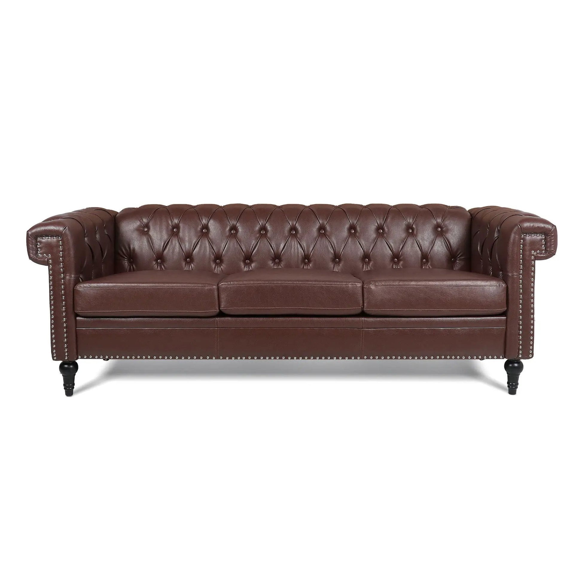 Traditional Square Arm Removable Cushion 3 Seater Sofa in brown leather with tufted back on Tampa Home & Garden Store