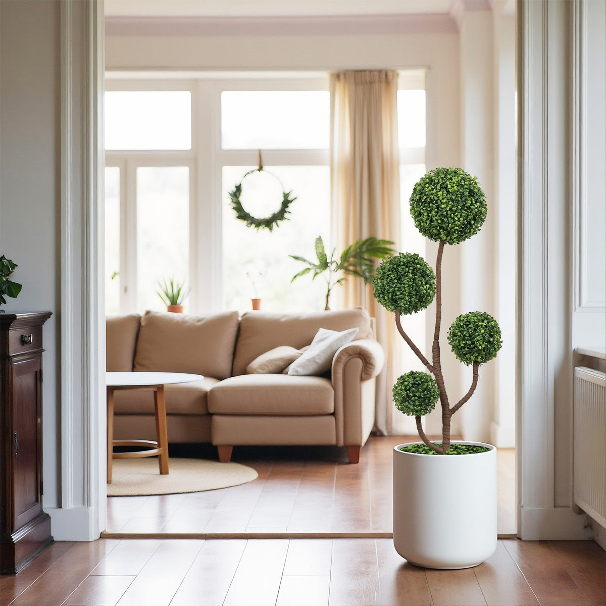 4ft tall artificial boxwood topiary tree with spherical greens in white planter HouseOfZazla on Tampa Home & Garden Store