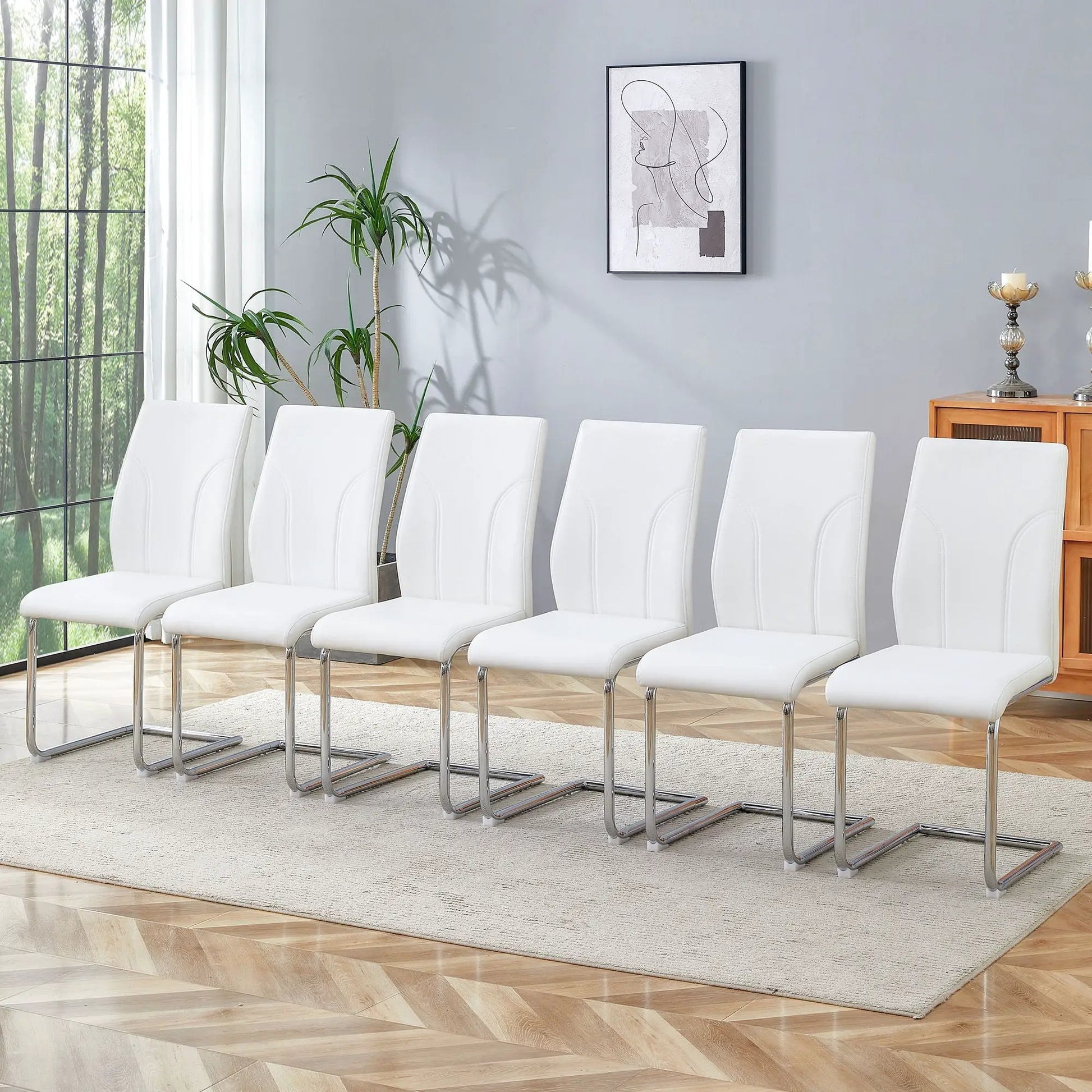 Modern Dining Chairs with high backs, white upholstery and chrome legs, set of 6 on Tampa Home & Garden Store
