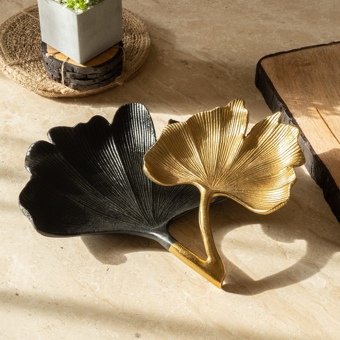 Black and Gold Ginkgo Leaf Two Tier Tray