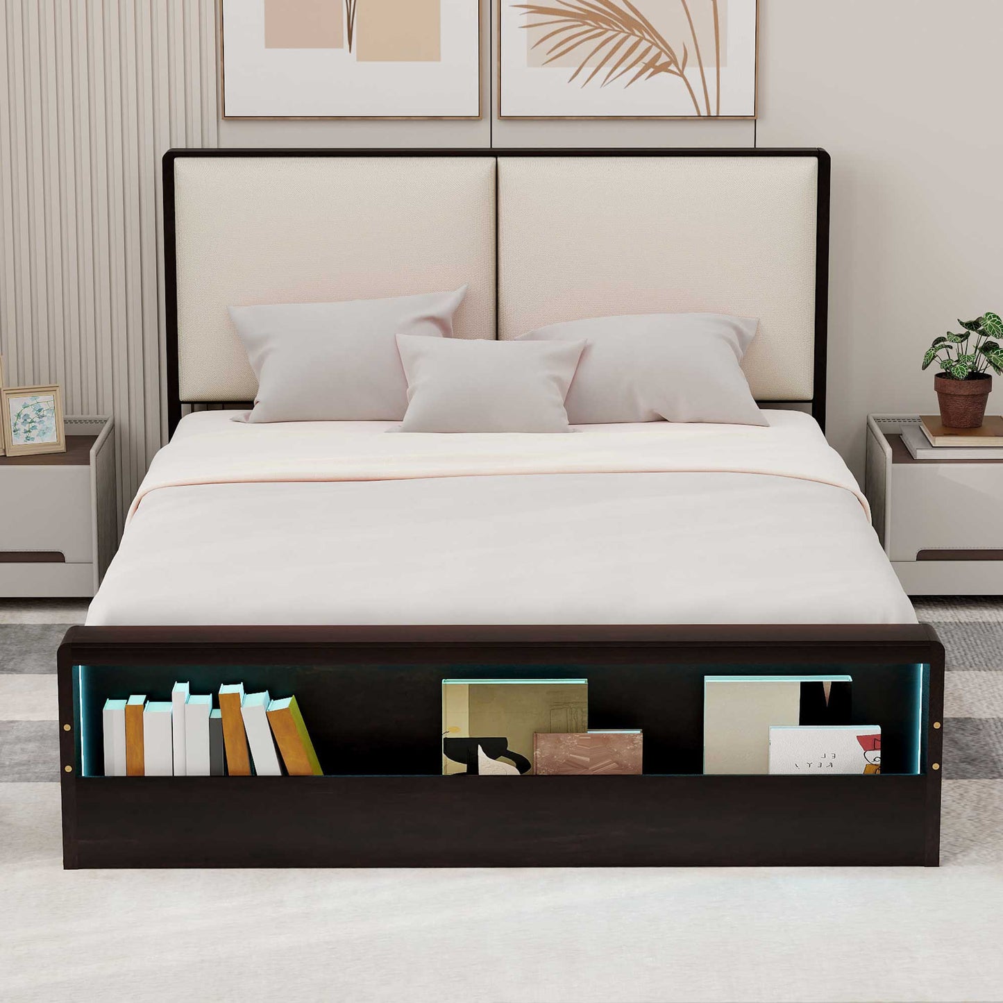 Queen Size Platform Bed Frame with Upholstery Headboard and Bookshelf in Footboard and LED Light Strips, Espresso - Tampa Home & Garden Store