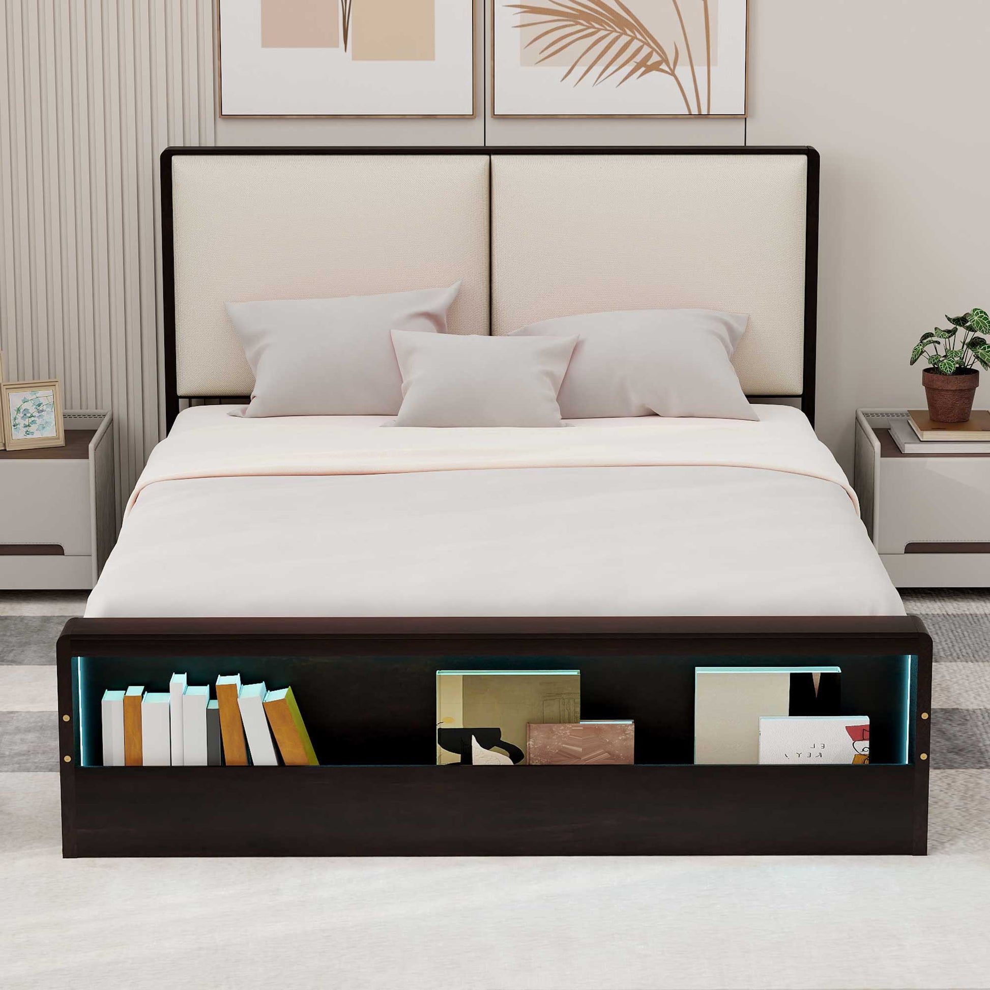 Queen Size Platform Bed Frame with Upholstery Headboard and Bookshelf in Footboard and LED Light Strips, Espresso - Tampa Home & Garden Store