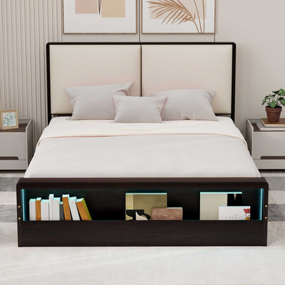 Queen Size Platform Bed Frame with Upholstery Headboard and Bookshelf in Footboard and LED Light Strips, Espresso - Tampa Home & Garden Store