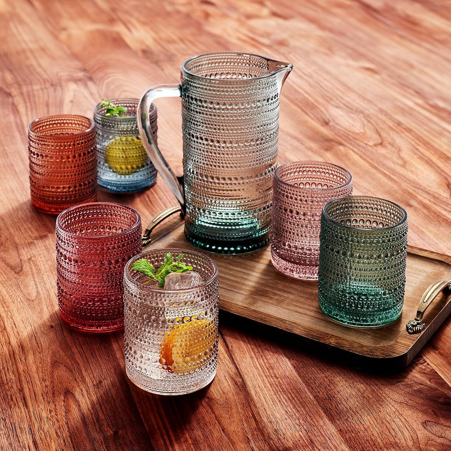 Tonal Hobnail Pitcher and Lowball Glassware Set